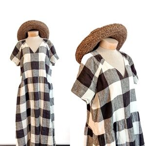 EVERLANE Linen Oversized Short Sleeve Dress Bone Black Check w/ Pockets Size XL